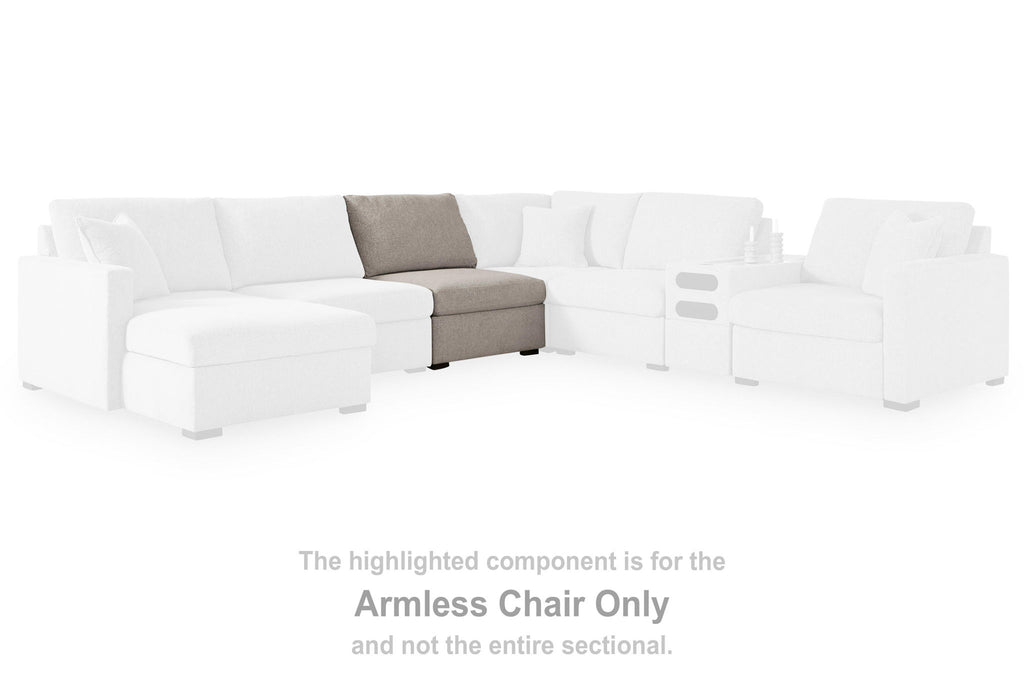 Armless chair component in gray upholstery shown within a white sectional layout