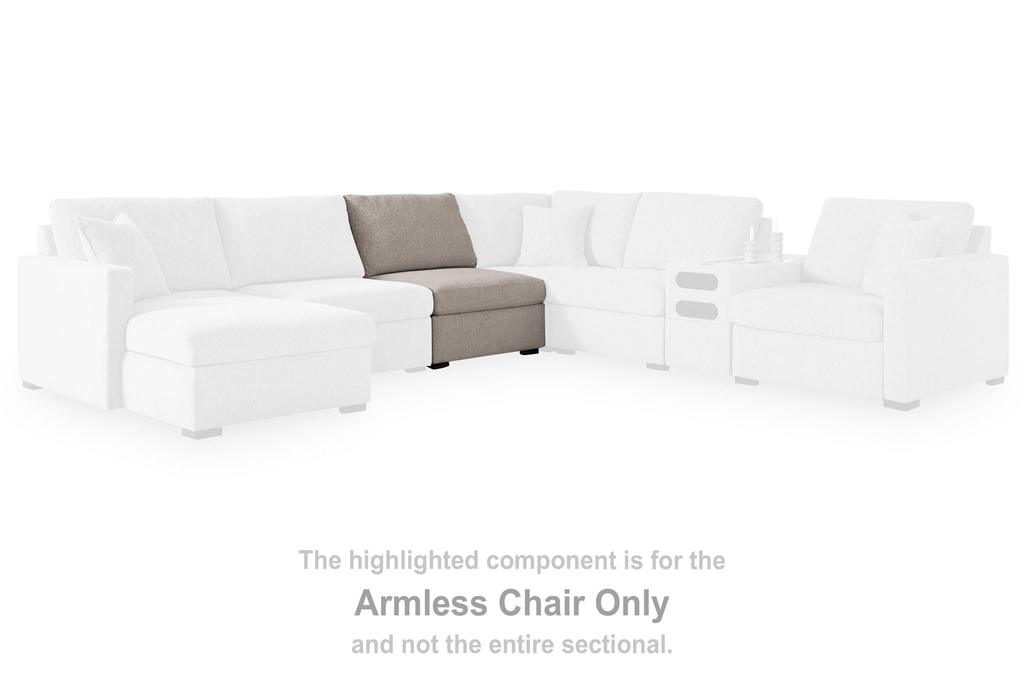 Armless chair component in gray upholstery shown within a white sectional layout