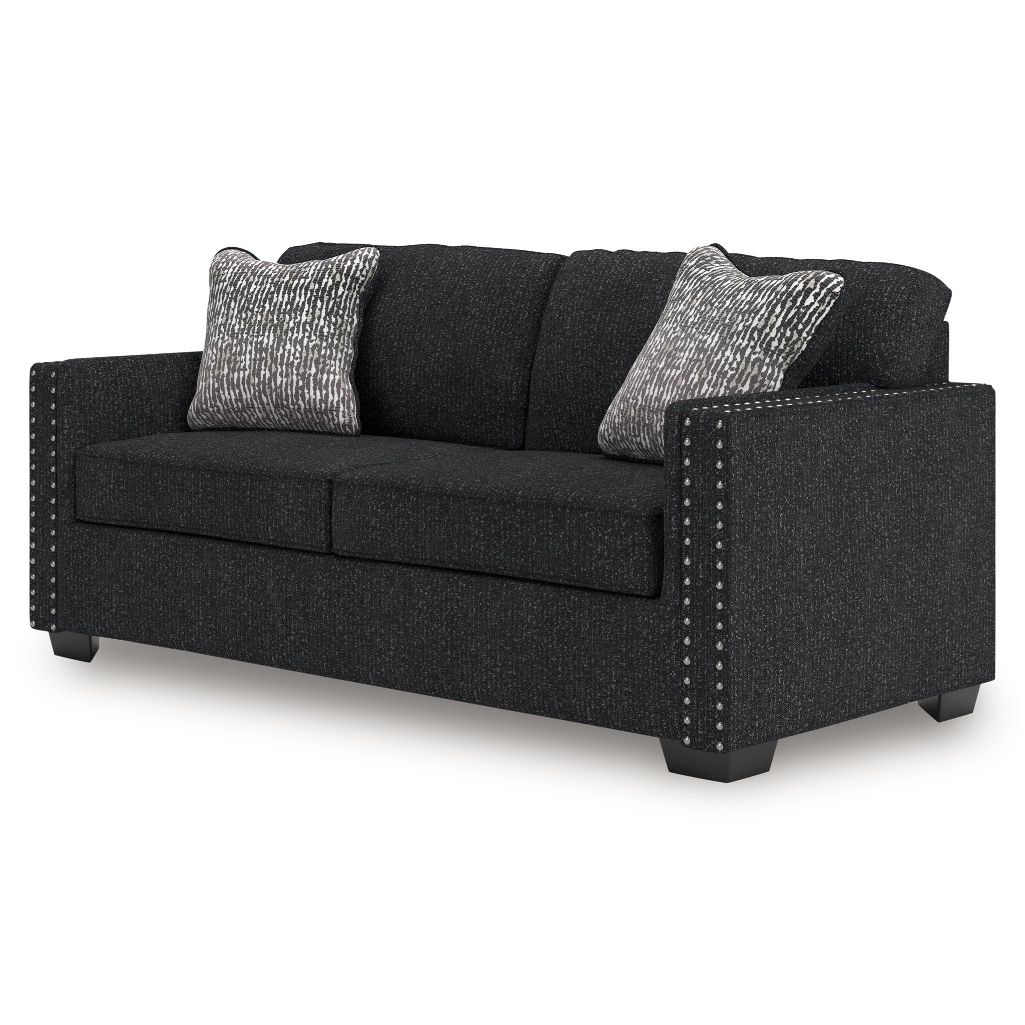 Coal fabric sofa with nailhead-trimmed sides and two heather gray throw pillows