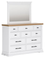 White panel storage dresser with six drawers and raised top shelf