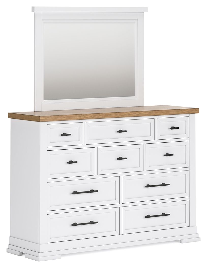 White panel storage dresser with six drawers and raised top shelf