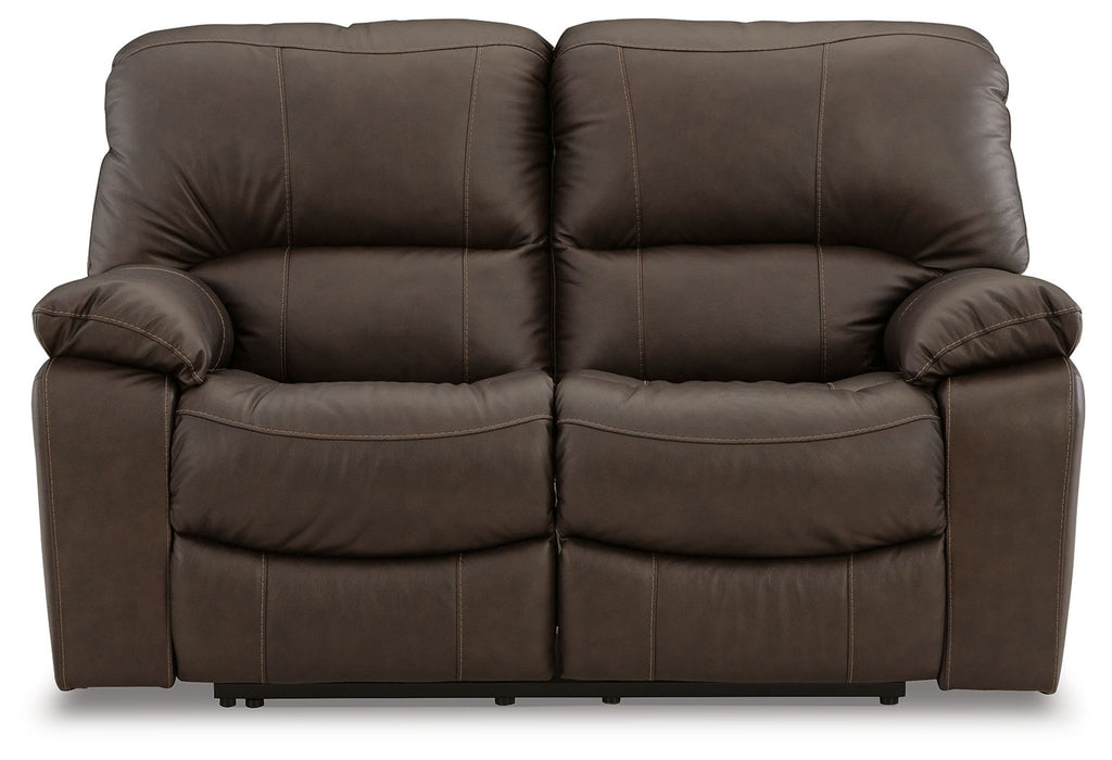 Power reclining loveseat, brown faux leather with two seat sections and padded arms