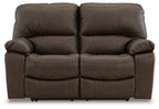 Power reclining loveseat, brown faux leather with two seat sections and padded arms