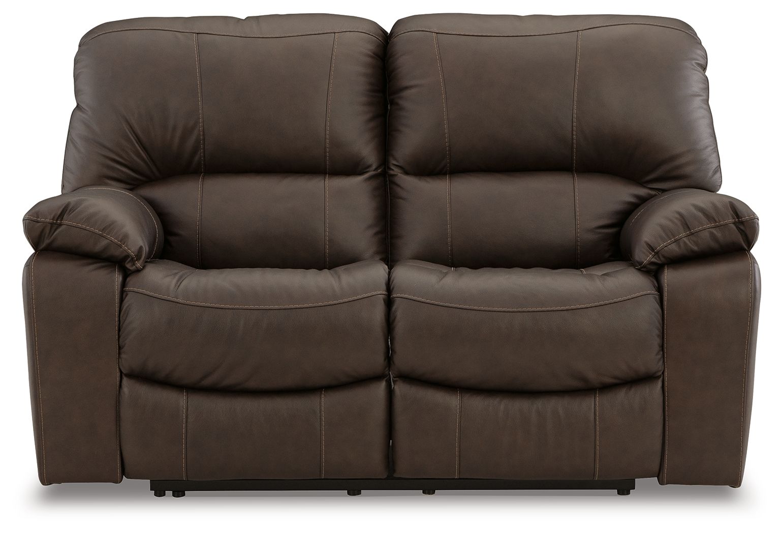 Power reclining loveseat, brown faux leather with two seat sections and padded arms