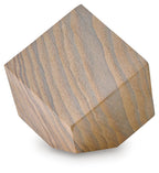 Wood geometric sculpture with tan and blue-gray vertical striped grain, faceted cube