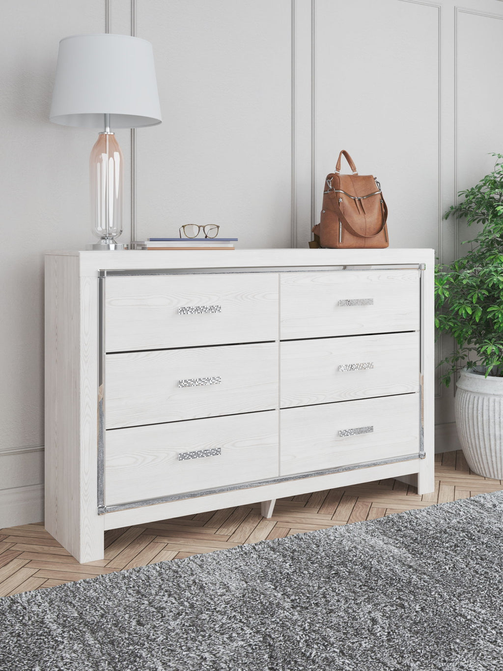 Upholstered storage dresser, white finish, six drawers with horizontal pulls