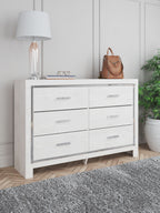 Upholstered storage dresser, white finish, six drawers with horizontal pulls