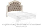 Upholstered panel headboard, tufted beige-brown with white frame and side posts