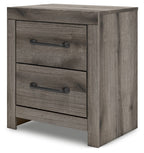 Gray two-drawer night stand with metal bar handles, side view