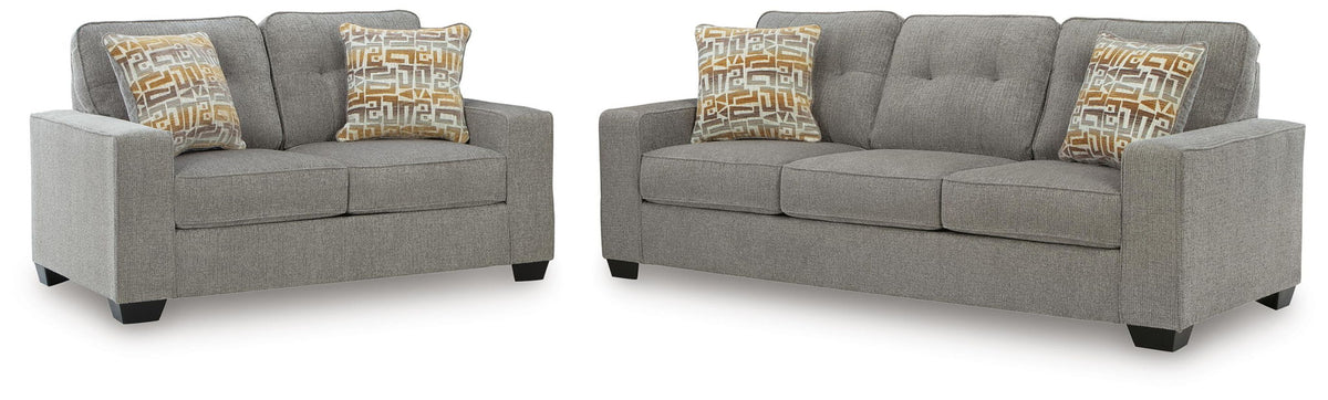 Gray fabric sofa and recliner set with square arms and patterned throw pillows
