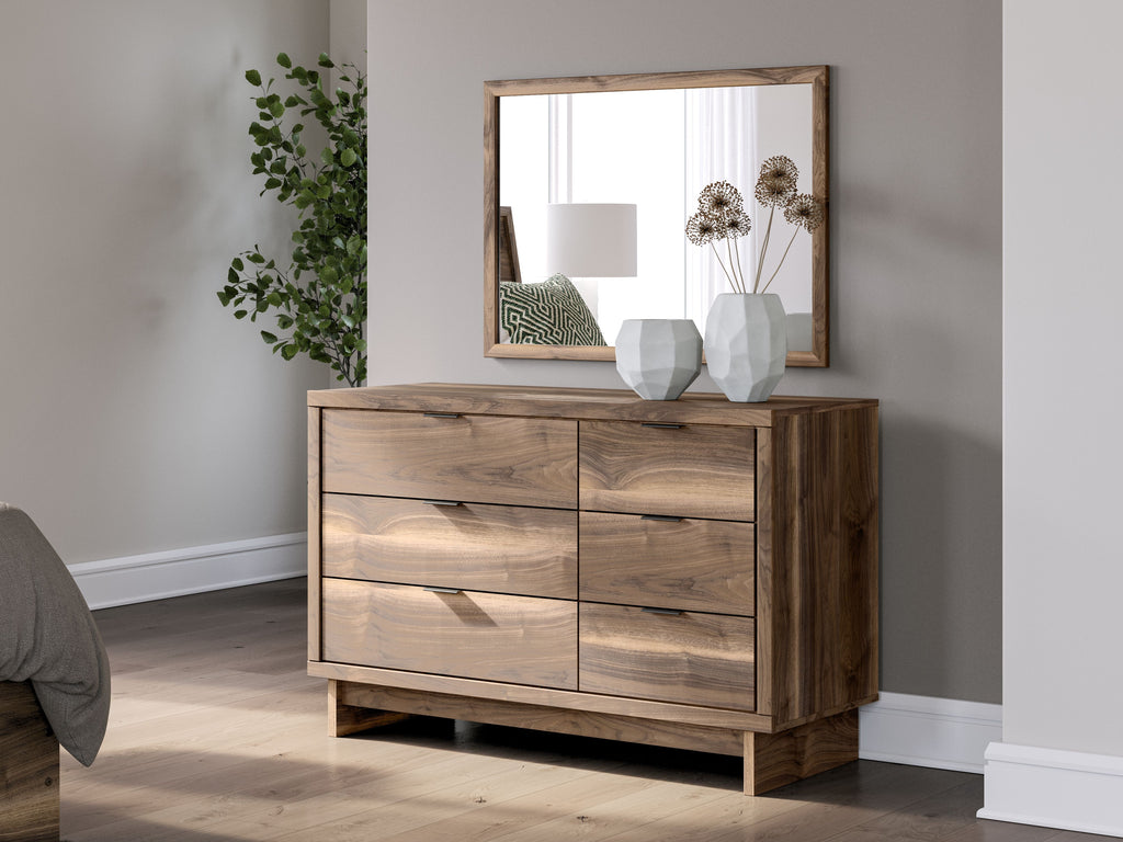 Brown wooden dresser with square mirror above, six drawers and slim handles