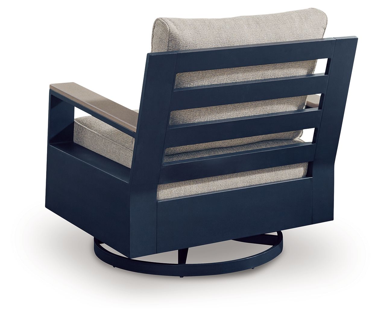 Swivel glider chair with cushion, blue open slat back and beige seat cushion