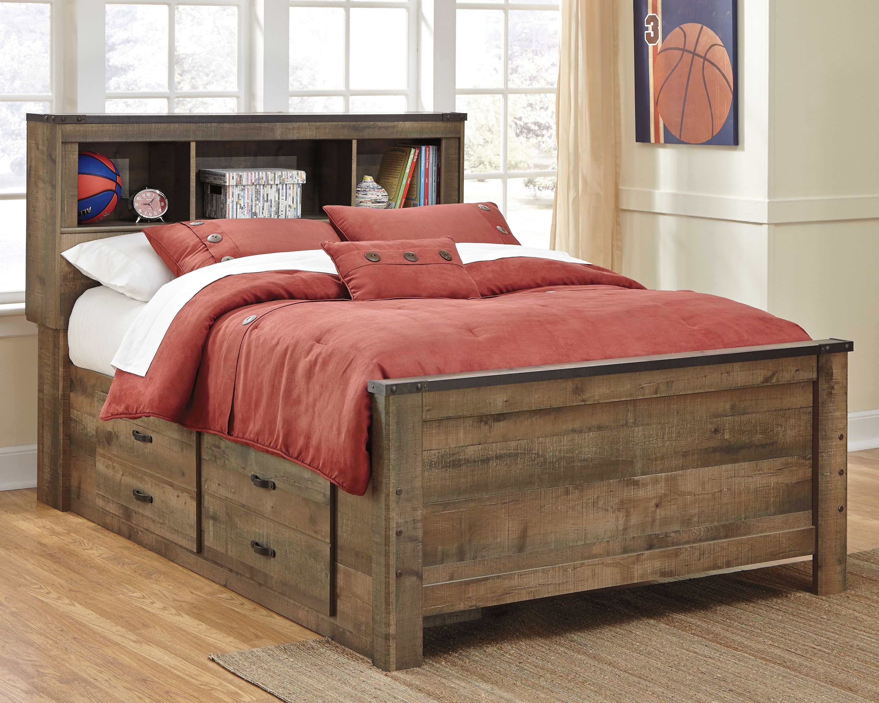 Bookcase storage bed with dark brown wood frame, open shelves and side drawers