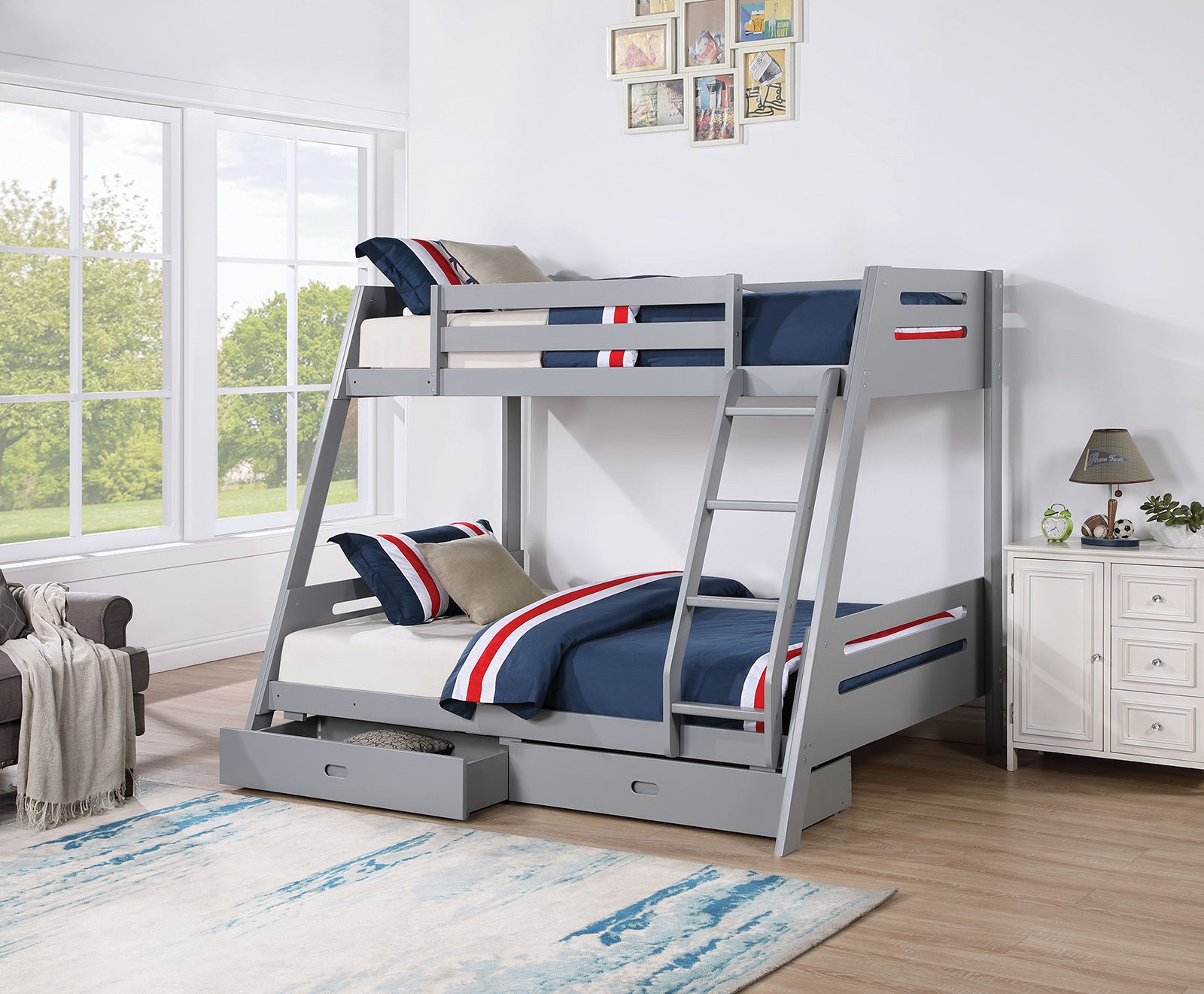 Gray Transitional Bunk Bed Underbed Drawers Angled Ladder