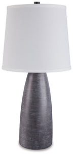 Gray poly table lamp with white fabric drum shade and brushed-texture base, set of 2