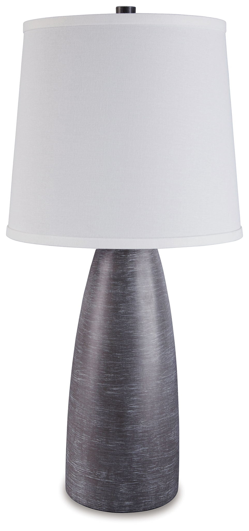 Gray poly table lamp with white fabric drum shade and brushed-texture base, set of 2