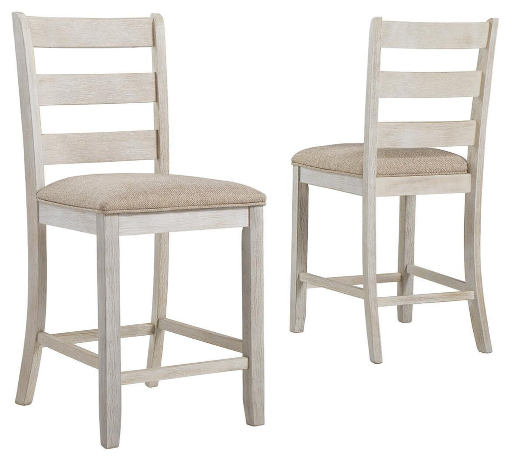 Upholstered barstool with beige padded seat and light wood ladder backrest, set of 2