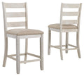 Upholstered barstool with beige padded seat and light wood ladder backrest, set of 2