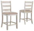 Upholstered barstool with beige padded seat and light wood ladder backrest, set of 2