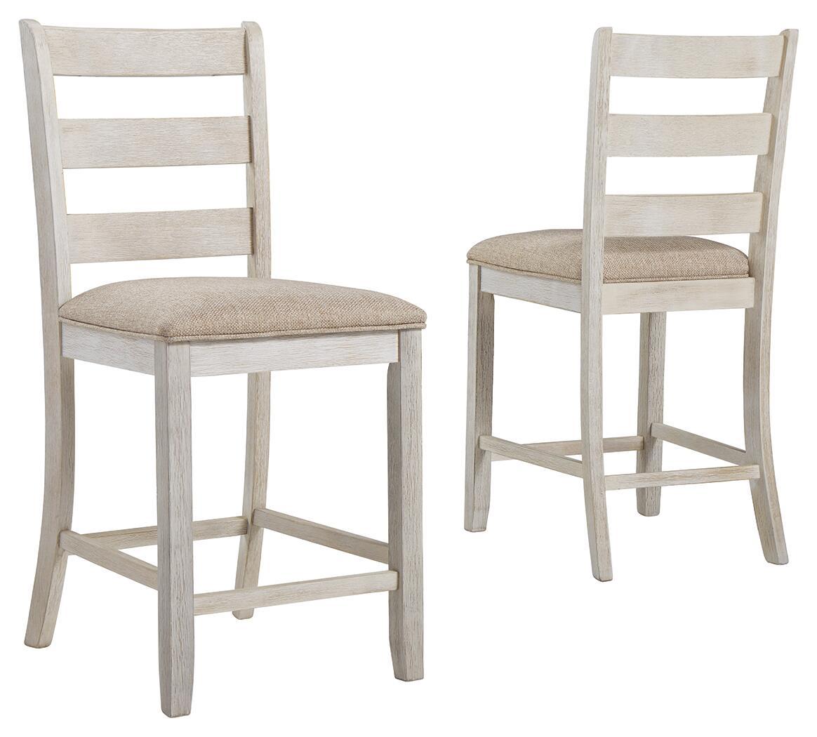 Upholstered barstool with beige padded seat and light wood ladder backrest, set of 2