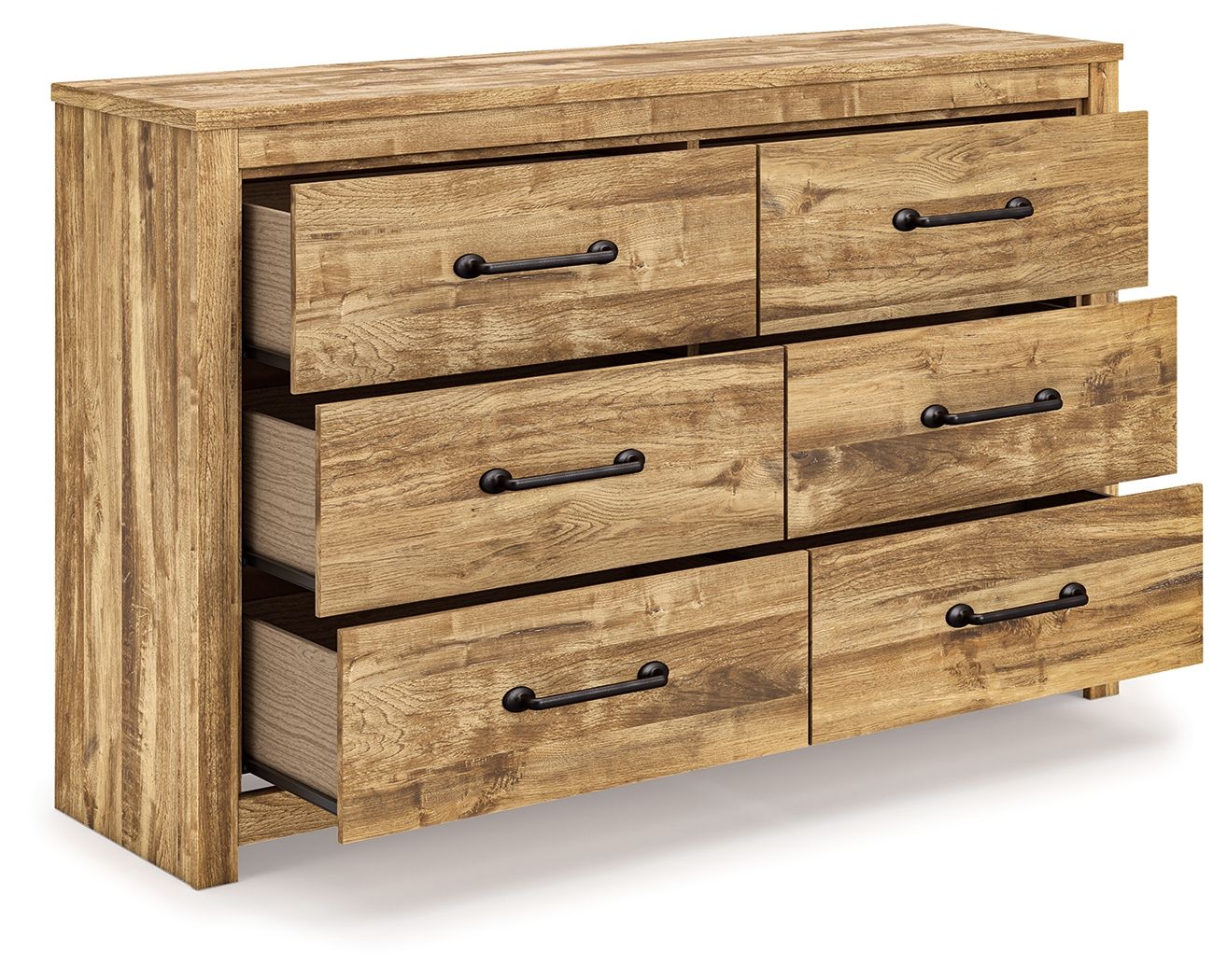 Light brown six-drawer dresser with drawers open; black bar pulls and sturdy legs.
