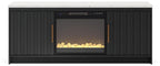 Black TV stand with faux firebrick fireplace insert, flames glowing behind glass doors