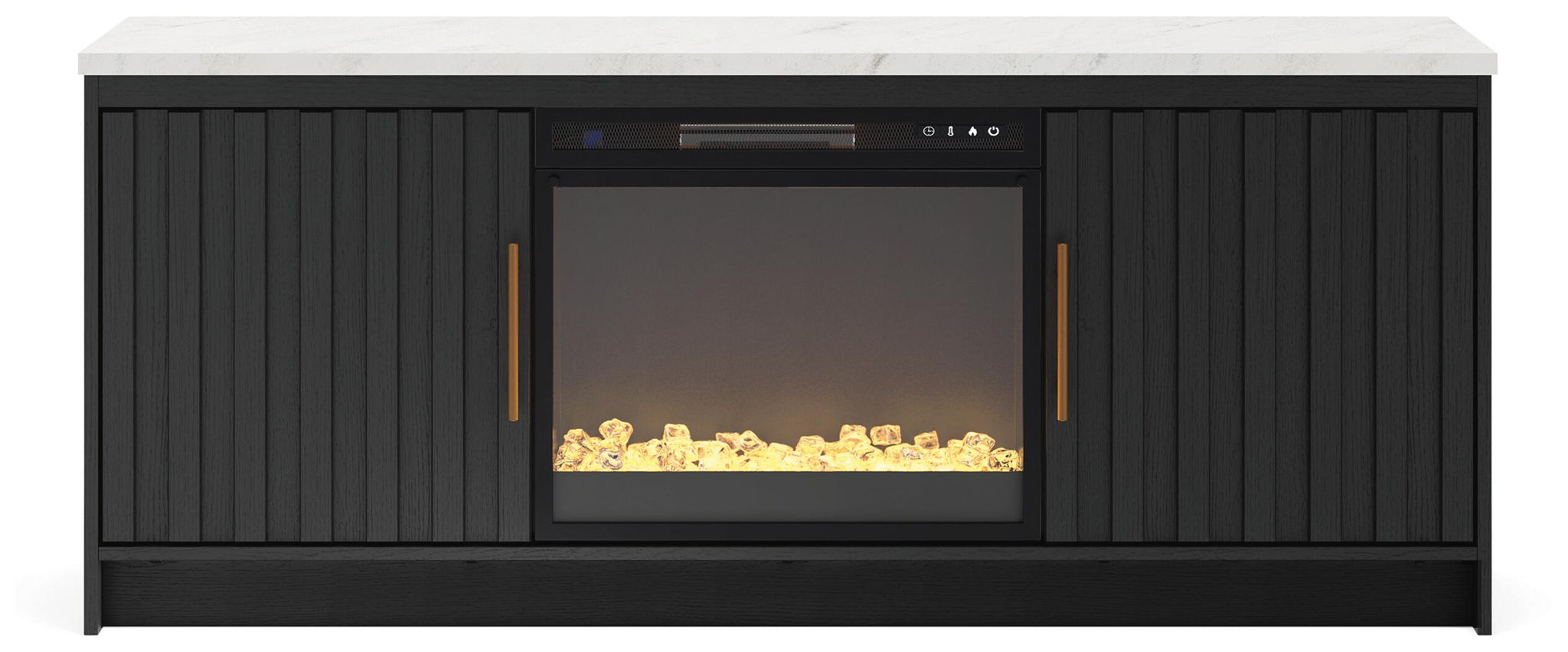 Black TV stand with faux firebrick fireplace insert, flames glowing behind glass doors