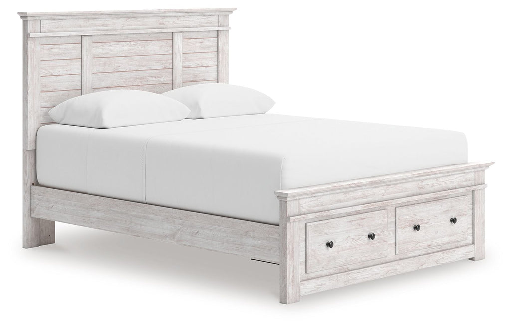Panel storage bed with whitewashed wood frame, upholstered white mattress, and two front drawers