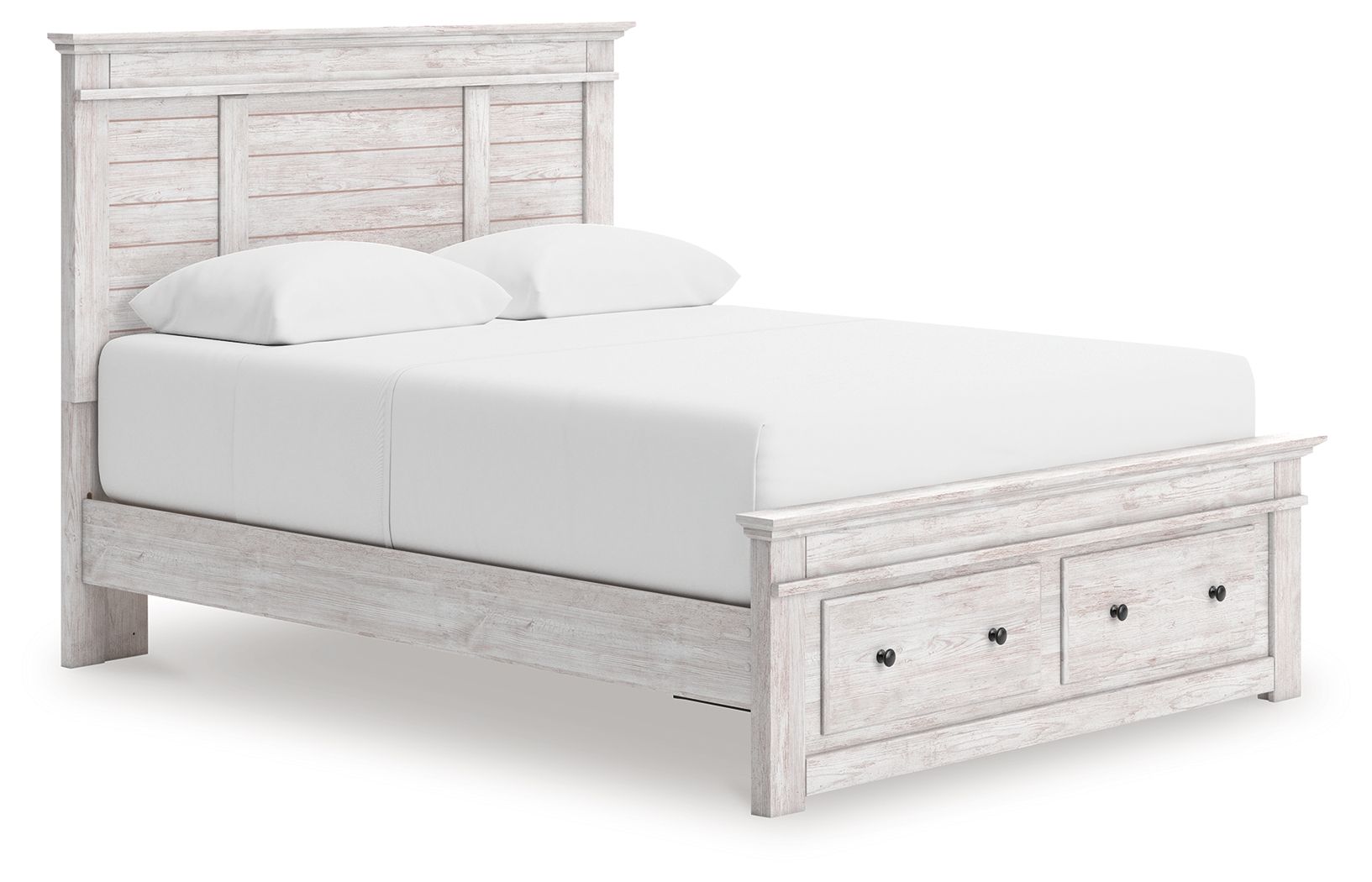 Panel storage bed with whitewashed wood frame, upholstered white mattress, and two front drawers