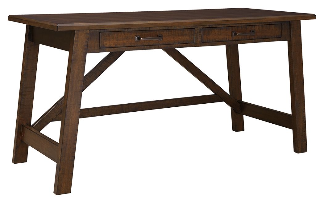 Rustic brown desk with two drawers, thick tabletop, and X-shaped support frame