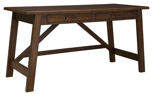 Rustic brown desk with two drawers, thick tabletop, and X-shaped support frame