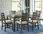 Brown dining table with six beige-cushioned chairs arranged for a meal