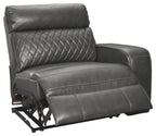 Gray power recliner chair with diamond-quilted back and exposed lift mechanism