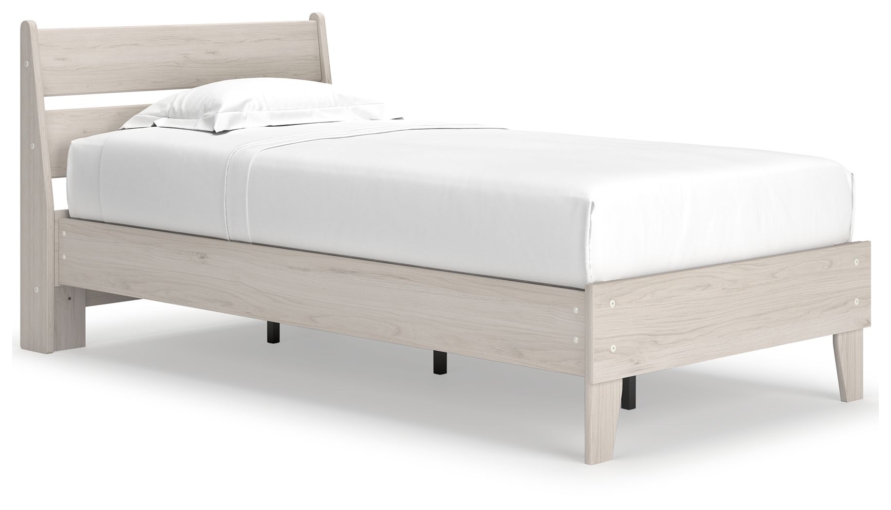 Beige panel platform bed with white mattress and two pillows