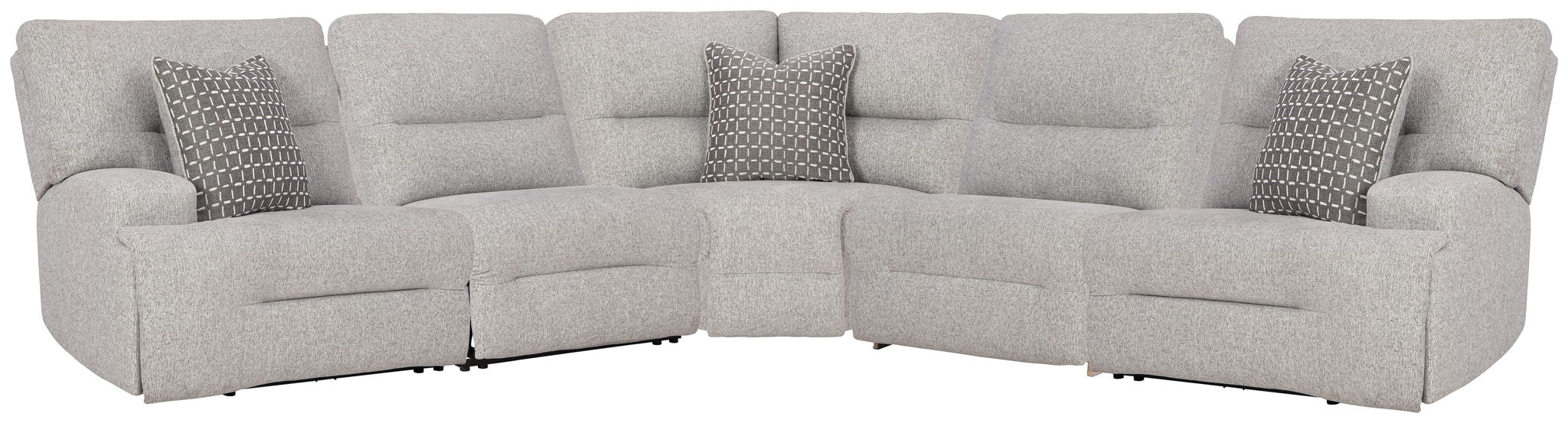 Pewter sectional sofa with multiple back cushions and two patterned accent pillows