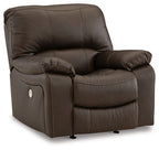 Dark brown rocker recliner chair, angled front view with padded headrest and arms