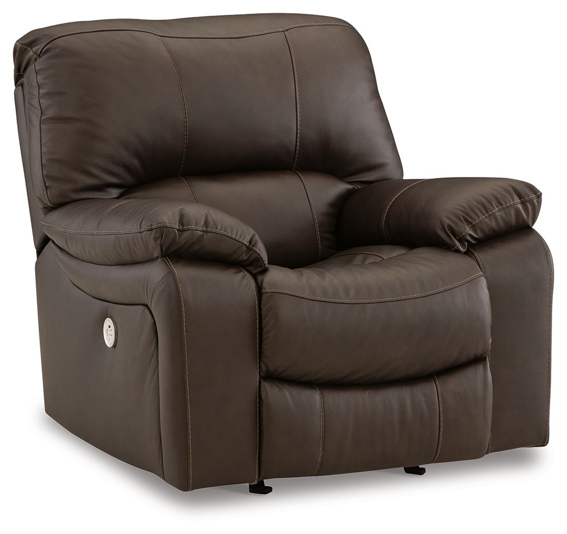 Dark brown rocker recliner chair, angled front view with padded headrest and arms