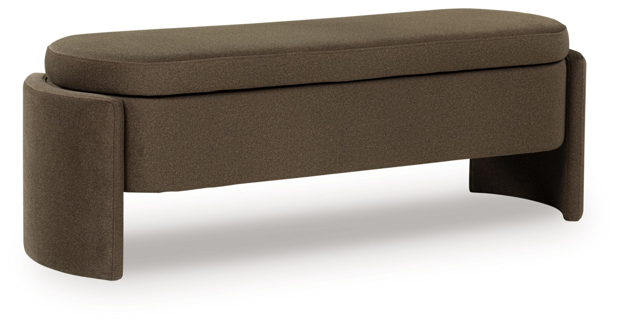 Brown upholstered storage bench, side view, with cushioned lid and curved arms