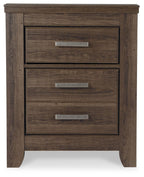 Juararo two-drawer night stand front, dark brown woodgrain and three drawer pulls