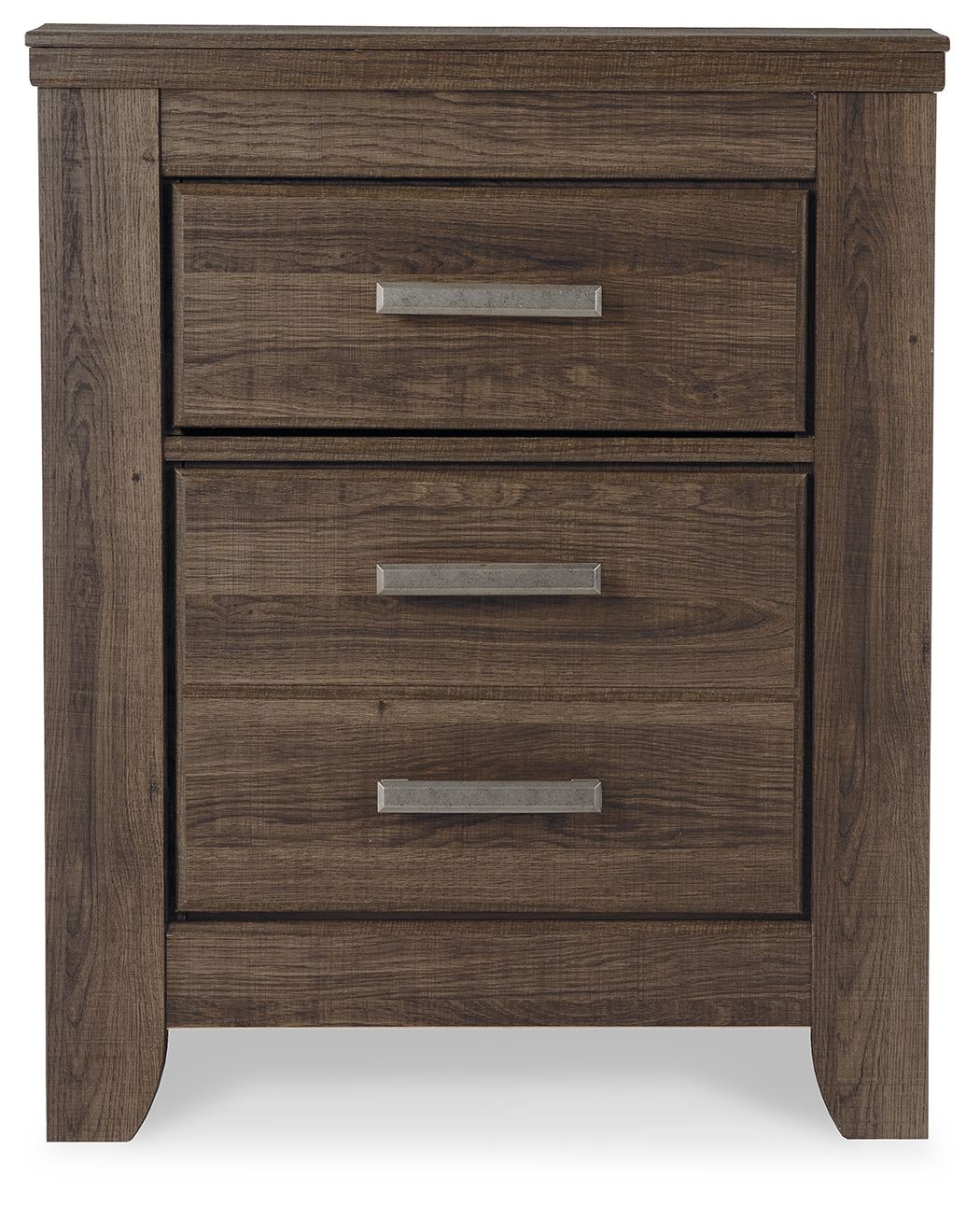 Juararo two-drawer night stand front, dark brown woodgrain and three drawer pulls