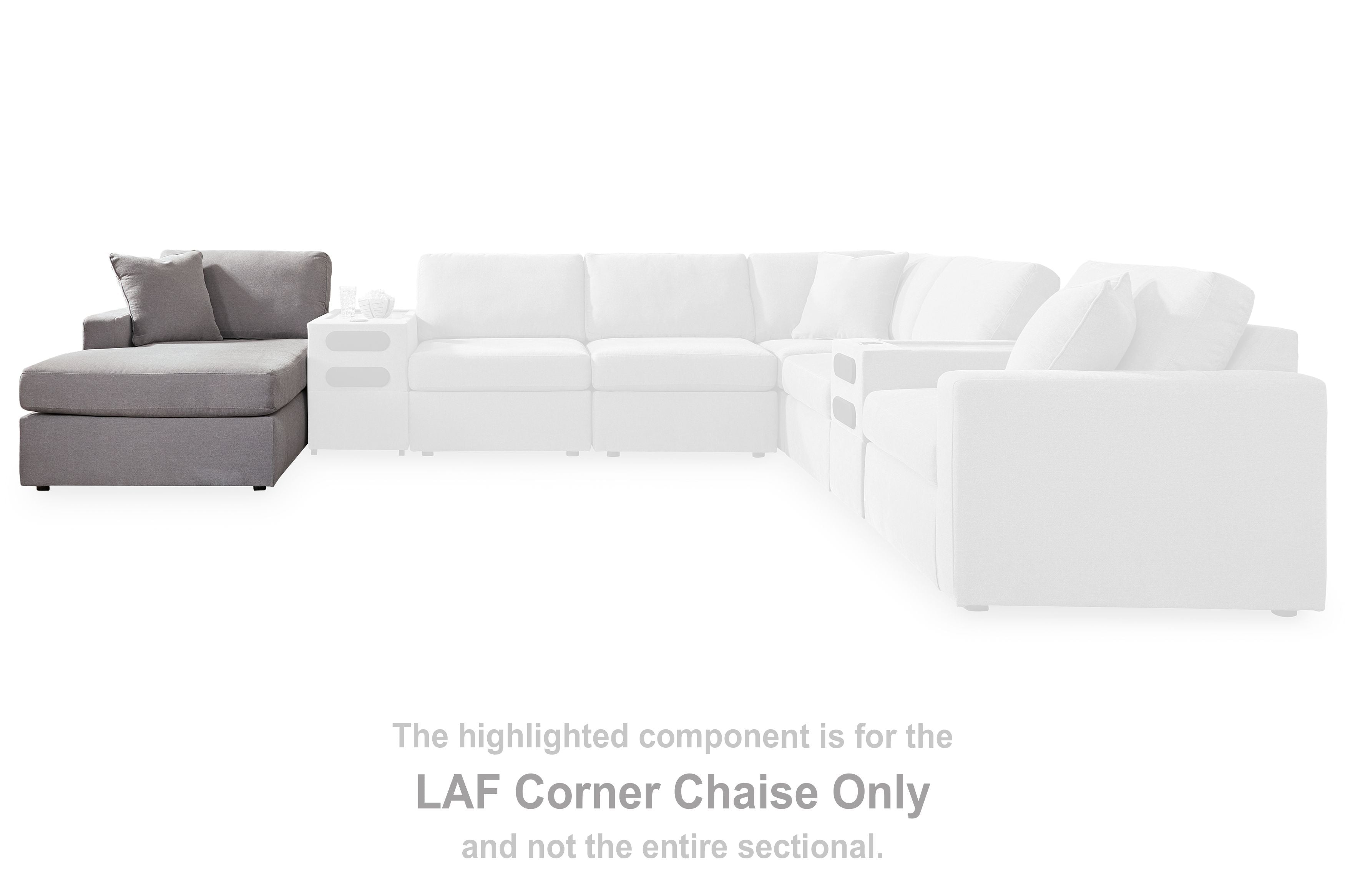 Modmax LAF corner chaise component in granite-gray fabric with two back pillows