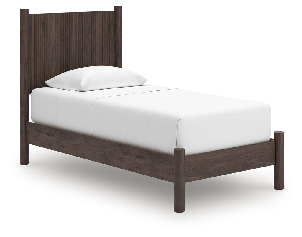 Dark brown panel platform bed frame with white mattress and pillow