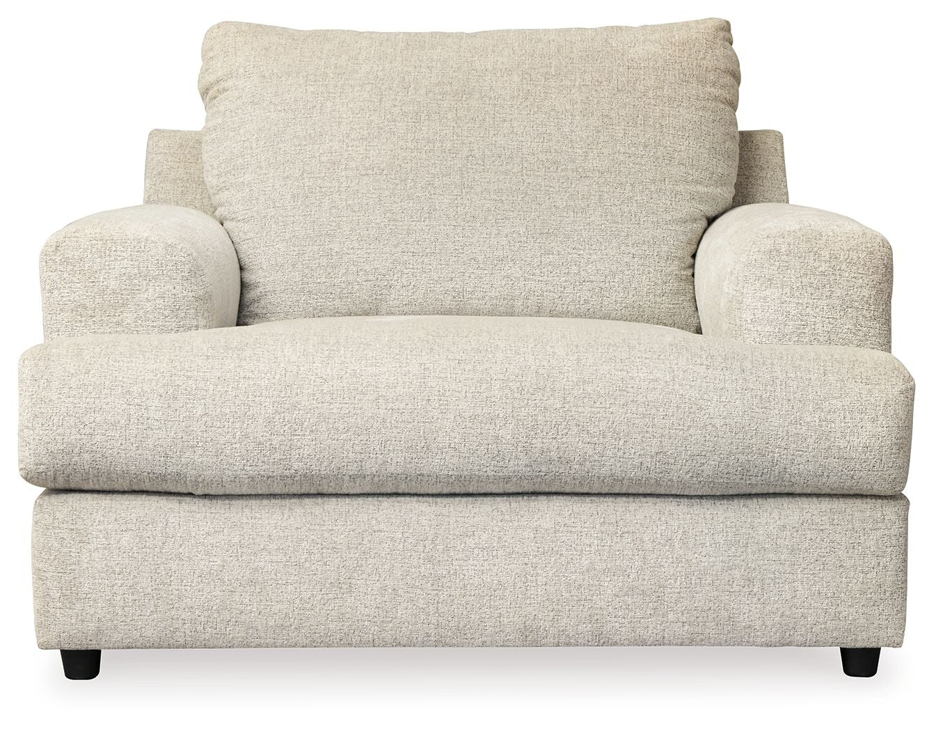 Stone-colored upholstered chair with tall back cushion, wide seat, and sturdy dark legs