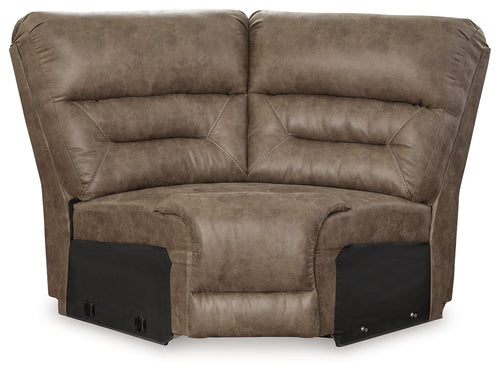 Wedge sofa with dark fossil fabric, padded backrest and armrests