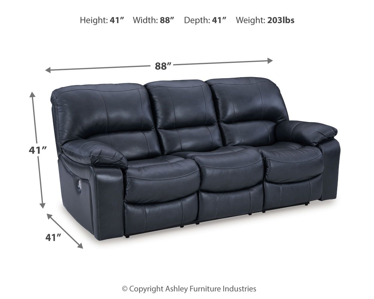Leesworth ocean reclining sofa in blue with three padded headrests and reclining seat panels.