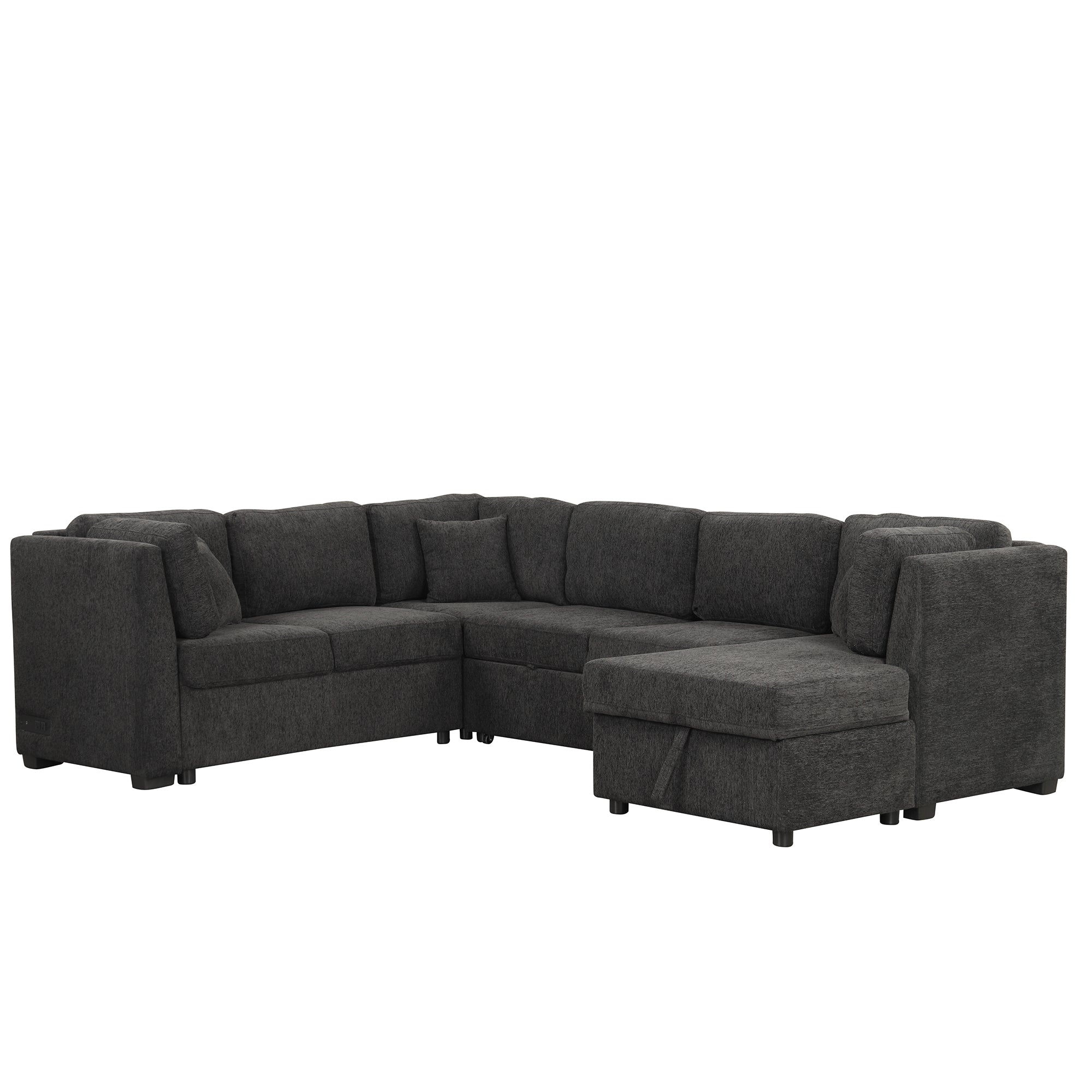 U-Shaped Sectional Sofa Bed with USB, Storage, Black Chenille