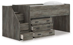 Gray loft bed with storage stairs and three-drawer cabinet under the raised platform