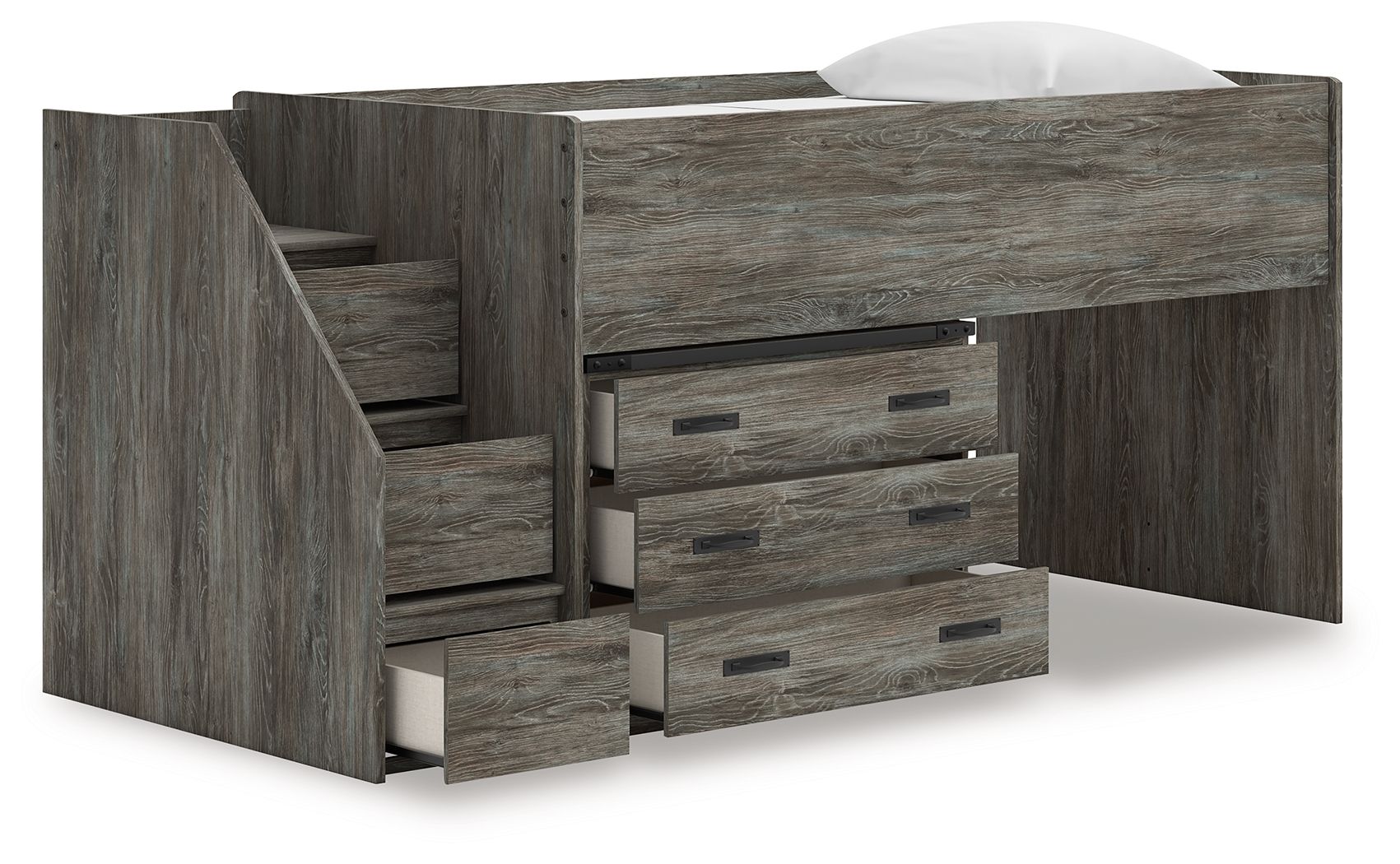 Gray loft bed with storage stairs and three-drawer cabinet under the raised platform