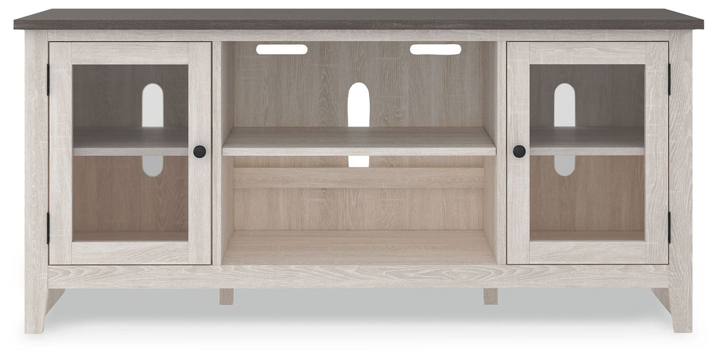 White TV stand with dark top, two side cabinet doors with window panels, central open shelf