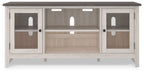 White TV stand with dark top, two side cabinet doors with window panels, central open shelf